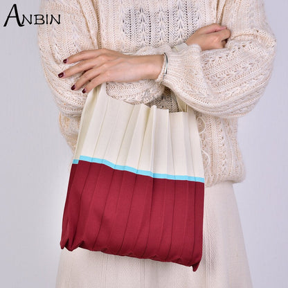 Women Shoulder Bag Knitted Fabric Colour Blocking Design Pleated Bags Woolen Cloth Handbag Foldable Strapped Tote For Female