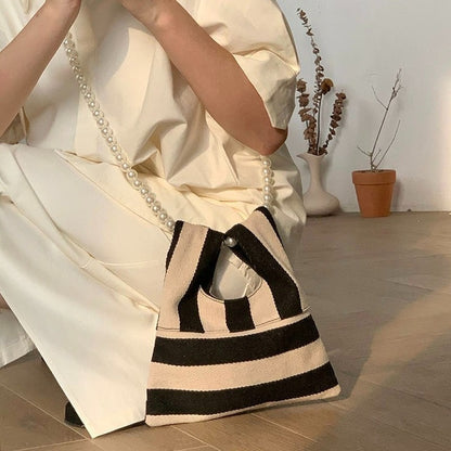 Shoulder Bags Women Vintage Striped Canvas Bag Pearls Beading Cross Body Cute Korean Style Design Handbags Female Elegant Chic