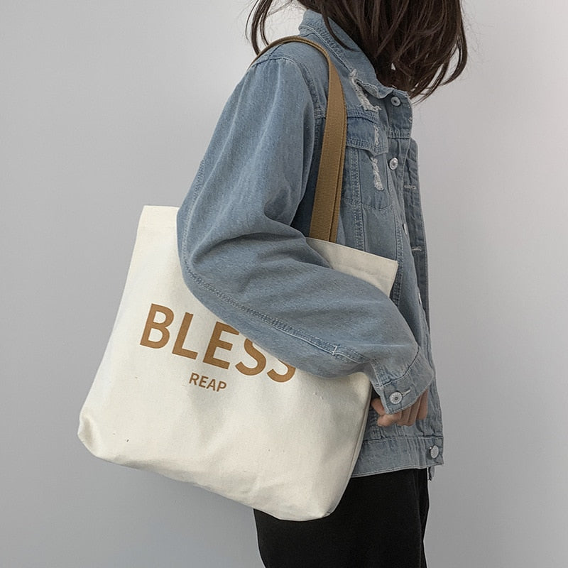 Women Student Canvas Shoulder Shopper Bag Large &quot;Bless&quot; Letter Cotton Cloth Ladies Handbag Eco Reusable Shopping Bag