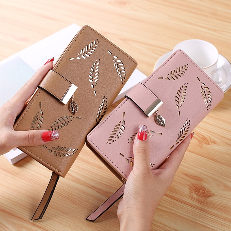 Women Wallet Pu Leather Purse Female Long Wallet Gold Hollow Leaves Pouch Handbag for Women Coin Purse Card Holders Clutch