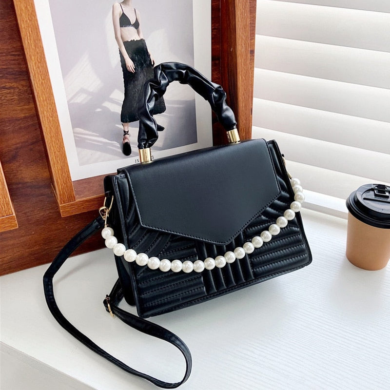 Women Pearl Chain Purse Lattice Clutch Small Crossbody Shoulder Bag with Strap Leather Crossbody Bags For Women Top Handle Bag