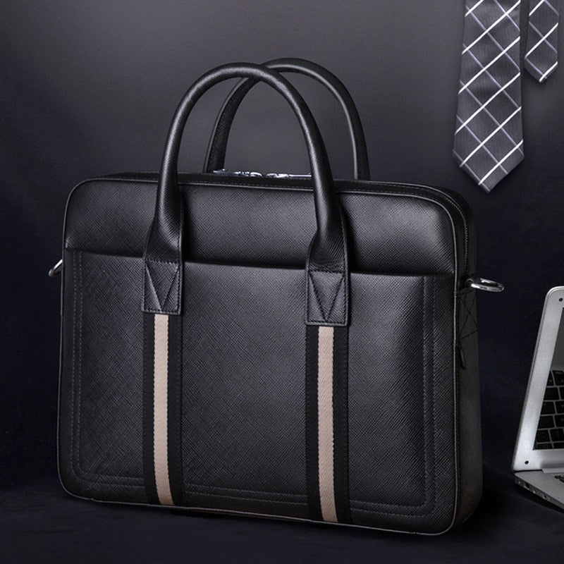 Scione Japanese and Korean Trendy Striped Briefcase Men&#39;s New Handbag Business Leather Bag Horizontal Large Capacity Bag