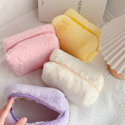 Solid Color Makeup Bags Women Soft Plush Cosmetic Make Up Brushes Storage Case Travel Toiletry Organizer Handbag Girls Gift