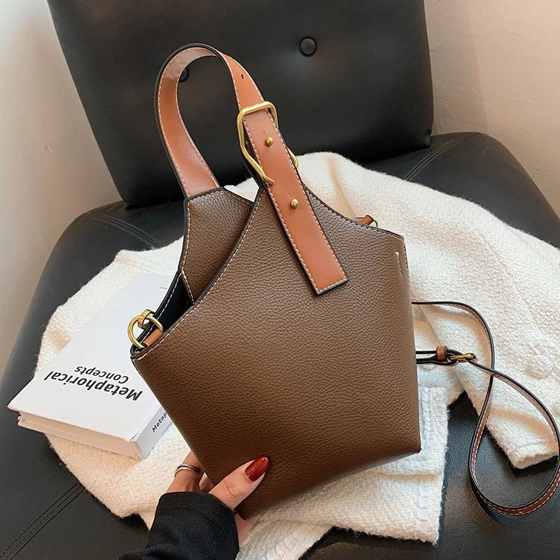 Vintage Tote Bucket Bag PU Leather Crossbody Shoulder Bags for Women Summer Simple Handbags and Purses Female