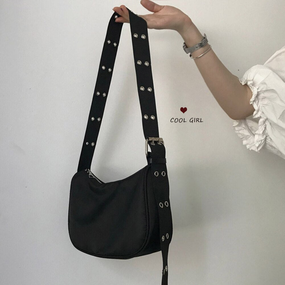 INS Fashion Women Reviet Wide Strap Shoulder Bags Casual Nylon Chest Bag Female Crossbody All Black Beach Travel Bag bolso mujer