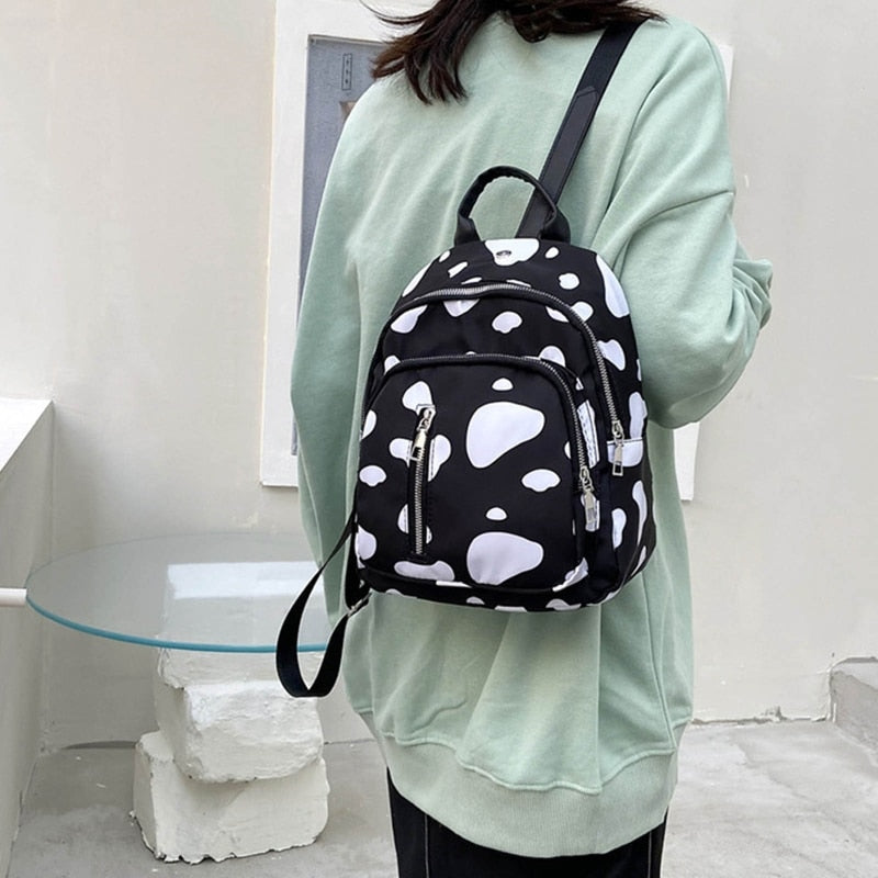 Kawaii Cow Print Small Backpack Women Girls Mini Cute School Bookbag Female Nylon Casual Rucksack Daypack Travel Shoulder Bag