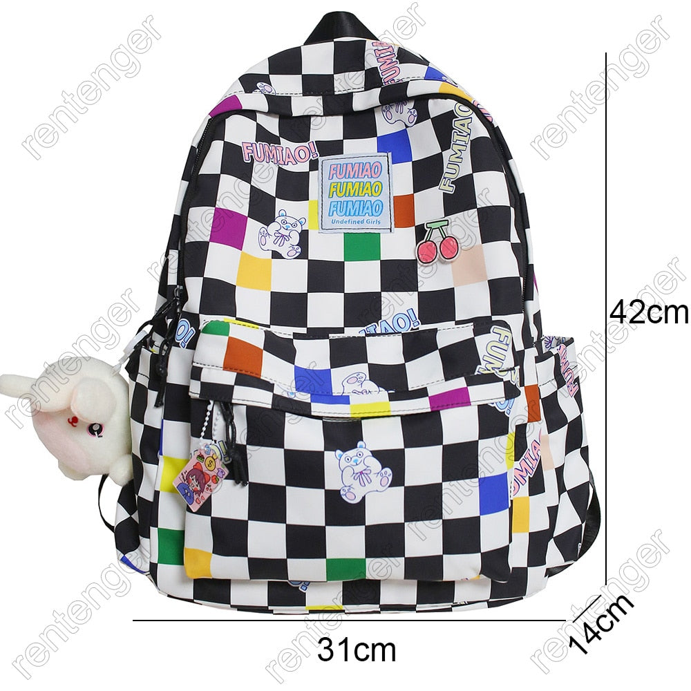 Fashion New Lady Lattice Travel Cartoon Bag Female Plaid Cute College Backpack Trendy Women Bag Girl Cool Kawaii Laptop Backpack