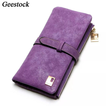 Geestock Women Long Wallets Coin Purse PU Matte Two Fold Wallets Zipper Mobile Phone Design Card Holder Ladies Clutches Wallet