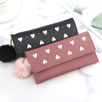 PU Leather Luxury Wallet for Women Card Holder Pure Color Heart-shaped hair Ball Female Purses Long Clutch Carteras