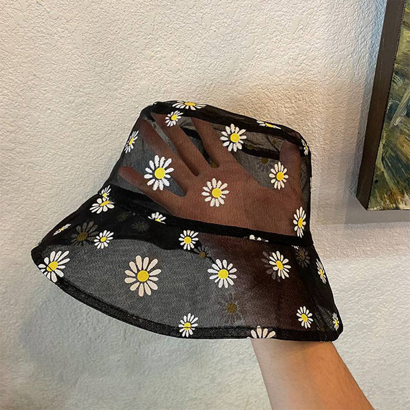 Daisies Embroidered Buckets Hat Cow Women Transparent Lace Flower Beach Panama Hats Top Snapback Fashion Daisy Sun Cap Summer