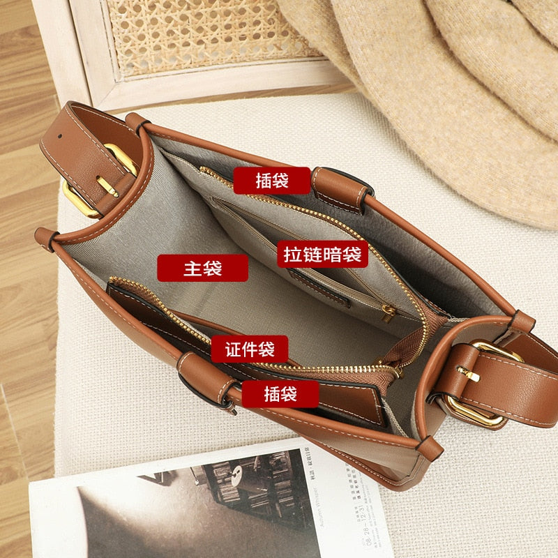 Women&#39;s Bags Cowhide Bucket Female Fashion Designer Crossbody Large Capacity Shoulder Handbags High Quality Leather Tote Purses