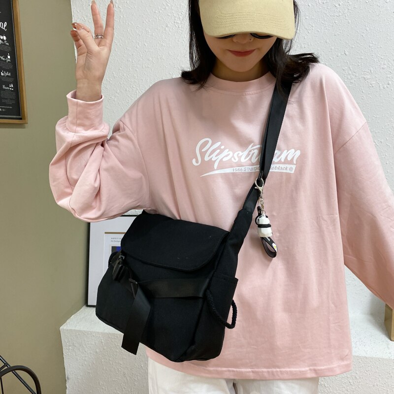 Black Messenger Bags Women Simple Large Capacity College Preppy Harajuku Chic Japanese Style Crossbody Shoulder Bolsa Students