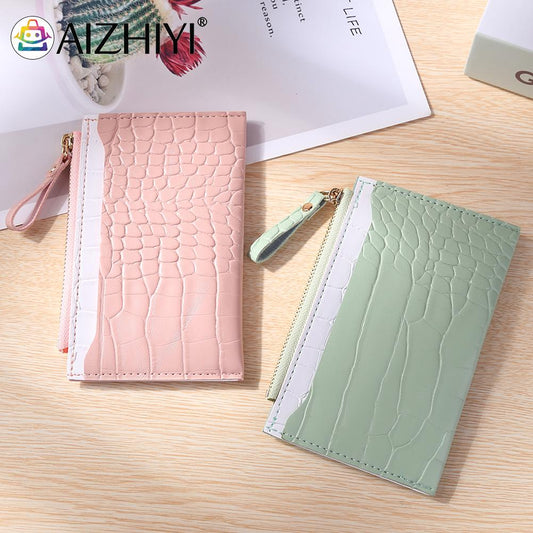 Fashion Women PU Leather Alligator Pattern Bank Shopping ID Card Holder Casual Ladies Contrast Color Wallet Mini Coin Purse