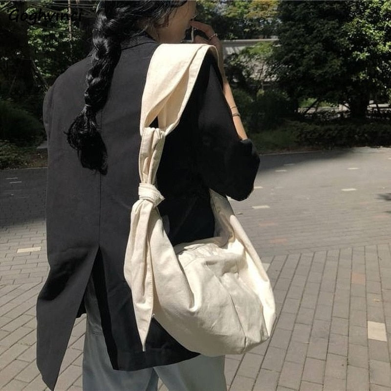 Shoulder Bags Women Canvas Hobos Tie Designer Cross-body Shopping Handbag Female Solid Large Capacity Underarm Bag Elegant Daily