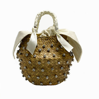 Hand-Sewn Summer Holiday Beach Bag With Pearl Ladies Woven Bucket Straw Diamond Bags Designer Hot Handbags Clutch for Women