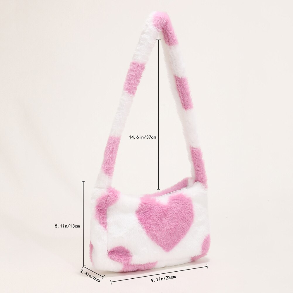 Women Soft Plush Shoulder Bag Heart Print Small Handbags Female Faux Fur Underarm Bag Fluffy All Match Winter Warm Bags