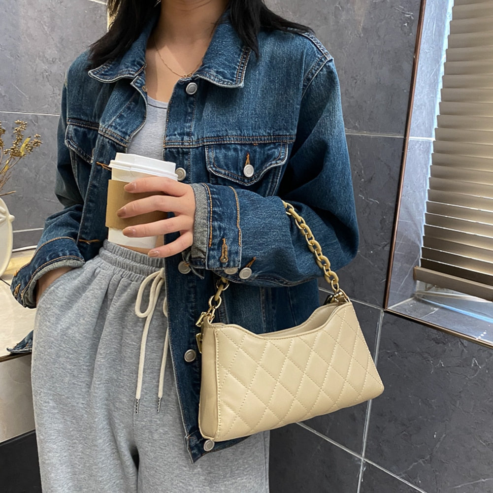 Youth Ladies Simple Versatile Bag Women Lattice Pattern Shoulder Underarm Bag PU Portable Chain Handbags Totes New Fashion