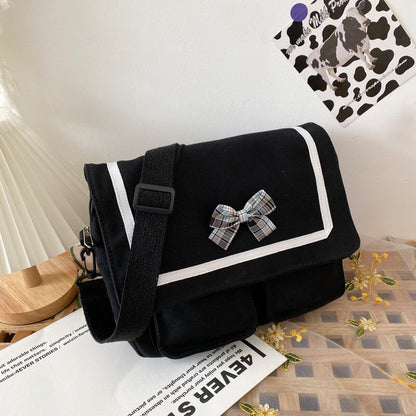 Simple Casual Little Bow Girl Canvas Messenger Bag JK Uniform Women Japanese Style School Shoulder Bag Satchel