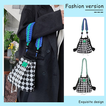 Women Shoulder Bags Exquisite Women Canvas Checkerboard Hit Color Messenger Bag Drawstring Casual Shopping Crossbody Bags