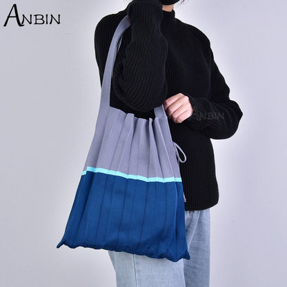 Women Shoulder Bag Knitted Fabric Colour Blocking Design Pleated Bags Woolen Cloth Handbag Foldable Strapped Tote For Female