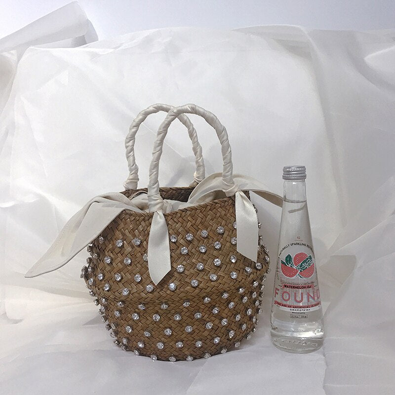 Hand-Sewn Summer Holiday Beach Bag With Pearl Ladies Woven Bucket Straw Diamond Bags Designer Hot Handbags Clutch for Women