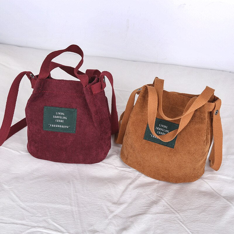 Vintage Canvas Handbags Corduroy Literary and Artistic Women&#39;s Shoulder Bag Simple Solid Color Buckle Handbag Bucket Cloth Bag