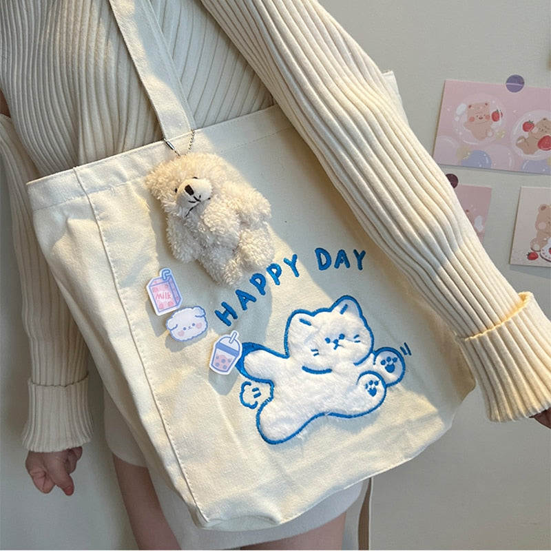 Cartoon Shoulder Bag Women Canvas Large Capacity Cute Shopper Bags Girls Ins Fashion Casual Book Storage Schoolbag for Student