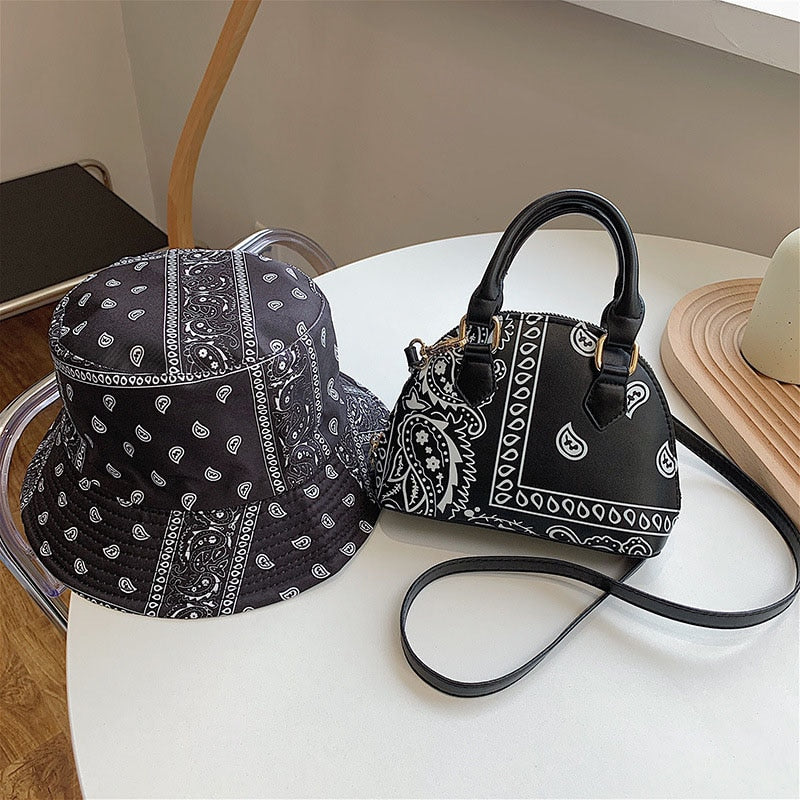 Fashion PU Leather Small Crossbody Shoulder Bag For Women Luxury Handbags Ladies Cashew Flower Fisherman&#39;s Hats and Handkerchief