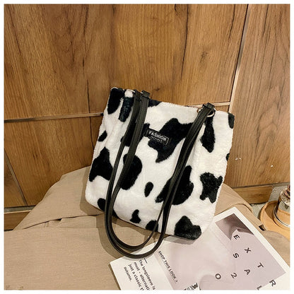 Winter Plush Mini Bag New Leopard Print Lable Shoulder Bucket Bags for Women Hasp Larger Capacity Velvet Shopper Underarm Bag