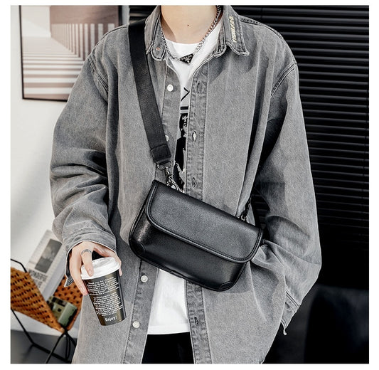 LEBSGE New Men Small Crossbody Square Bag Pu Leather Black Color Street Style Small Shoulder Bag Mobile Phone Bag Diagonal Bag