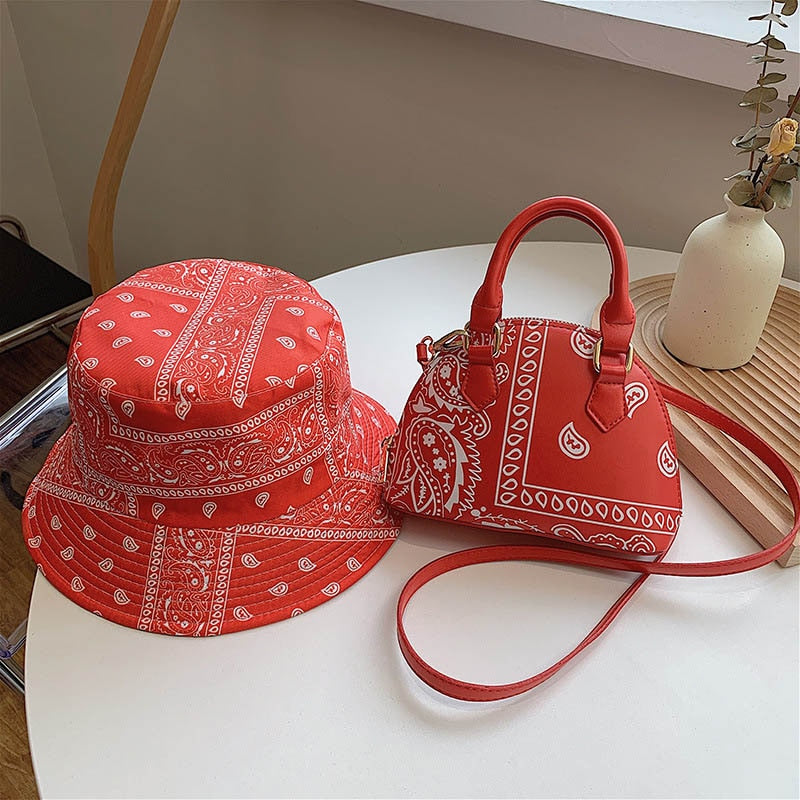 Fashion PU Leather Small Crossbody Shoulder Bag For Women Luxury Handbags Ladies Cashew Flower Fisherman&#39;s Hats and Handkerchief