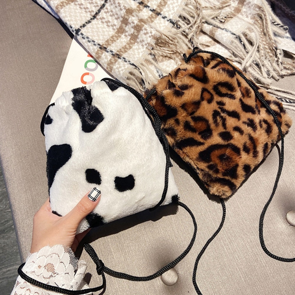 Fashion Cow Milk Leopard Printed Plush Crossbody Bags for Women Girl Drawstring Shoulder Bucket Bags Mini Small Money Pouch