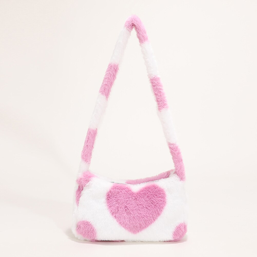 Women Soft Plush Shoulder Bag Heart Print Small Handbags Female Faux Fur Underarm Bag Fluffy All Match Winter Warm Bags