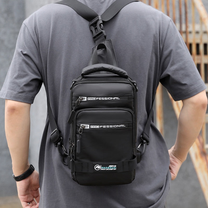 Male Nylon Knapsack Daypack Messenger Chest Bags with USB Charging Port Small Men Sling Backpack Rucksack Bag
