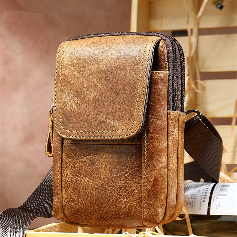 Luxury Brand Genuine Leather Shoulder Bag Men Messenger Bags Small Casual Flap Zipper Design Male CrossBody Bag Phone Pocket