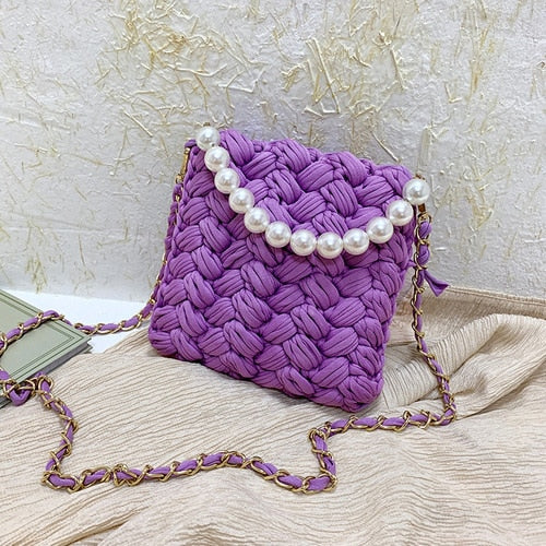 purses and handbags Handmade Cotton Crochet Women's Bag Pearl Chain Mini Portable Shoulder/Crossbody Bag