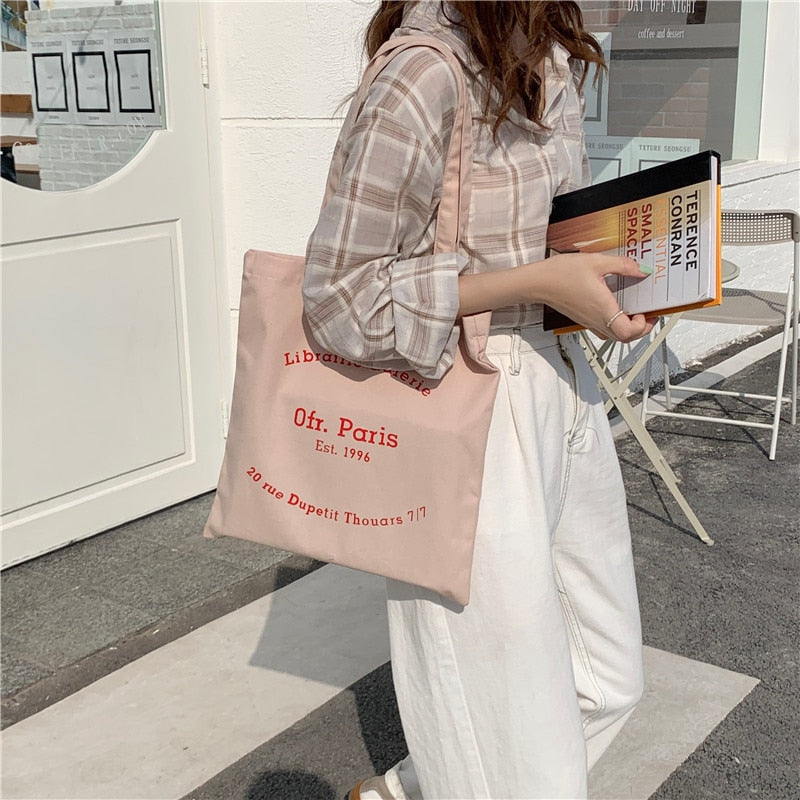 Women Canvas Shoulder Bag Paris Letters Print Shopping Bag Eco Cotton Linen Shopper Bags Cloth Fabric Handbag Tote For Girls