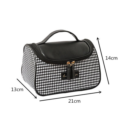 New PU Houndstooth Cosmetic Bag Women Portable Toiletry Makeup Case Travel Large Capacity Wash Storage Pouch Organizer Box