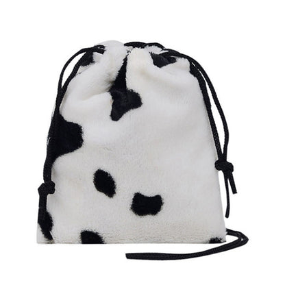 Fashion Cow Milk Leopard Printed Plush Crossbody Bags for Women Girl Drawstring Shoulder Bucket Bags Mini Small Money Pouch