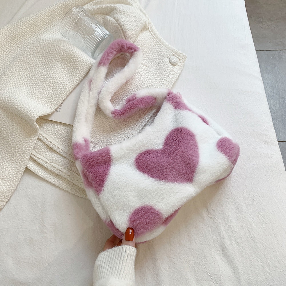Women Designer Love Heart Print Shoulder Bags Winter Soft Plush Crossbody Female Warm Fluffy Underarm Bags Small Travel Bag