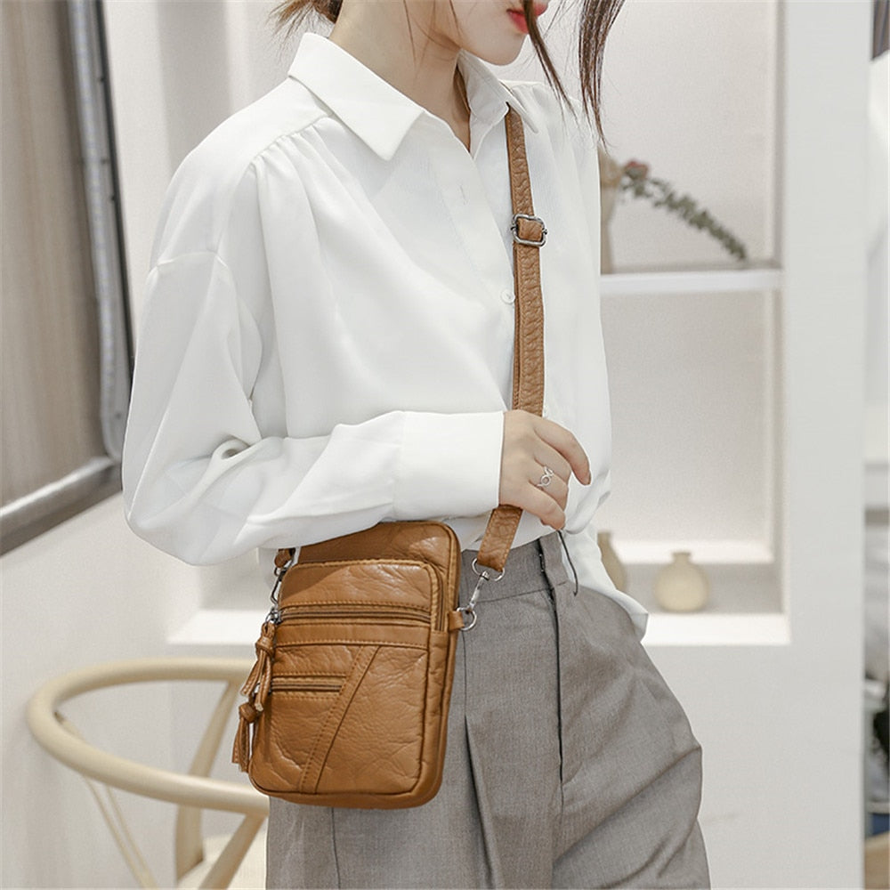 Vintage Soft Washed Pu Leather Shoulder Bag Multiple Pocket Mini Crossbody Bag for Women Designer New Small Phone Purses