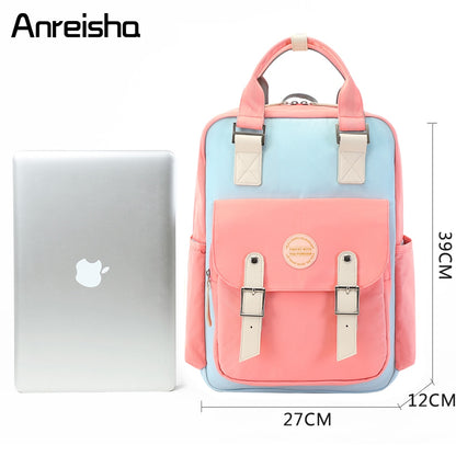 Anreisha women school backpack girls waterproof laptop backpack canvas Pink Patchwork school backpacks bags for teenage girls