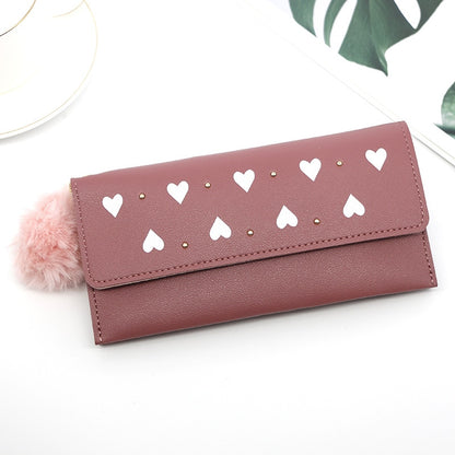 PU Leather Luxury Wallet for Women Card Holder Pure Color Heart-shaped hair Ball Female Purses Long Clutch Carteras