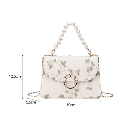 Women PU Net Yarn Flower Embroidery Shoulder Bags Messenger Bags Vintage Pearl Chain Handbags Female Fashion Flap Crossbody Bags