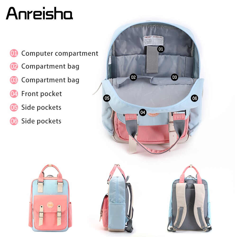 Anreisha women school backpack girls waterproof laptop backpack canvas Pink Patchwork school backpacks bags for teenage girls