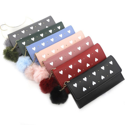 PU Leather Luxury Wallet for Women Card Holder Pure Color Heart-shaped hair Ball Female Purses Long Clutch Carteras