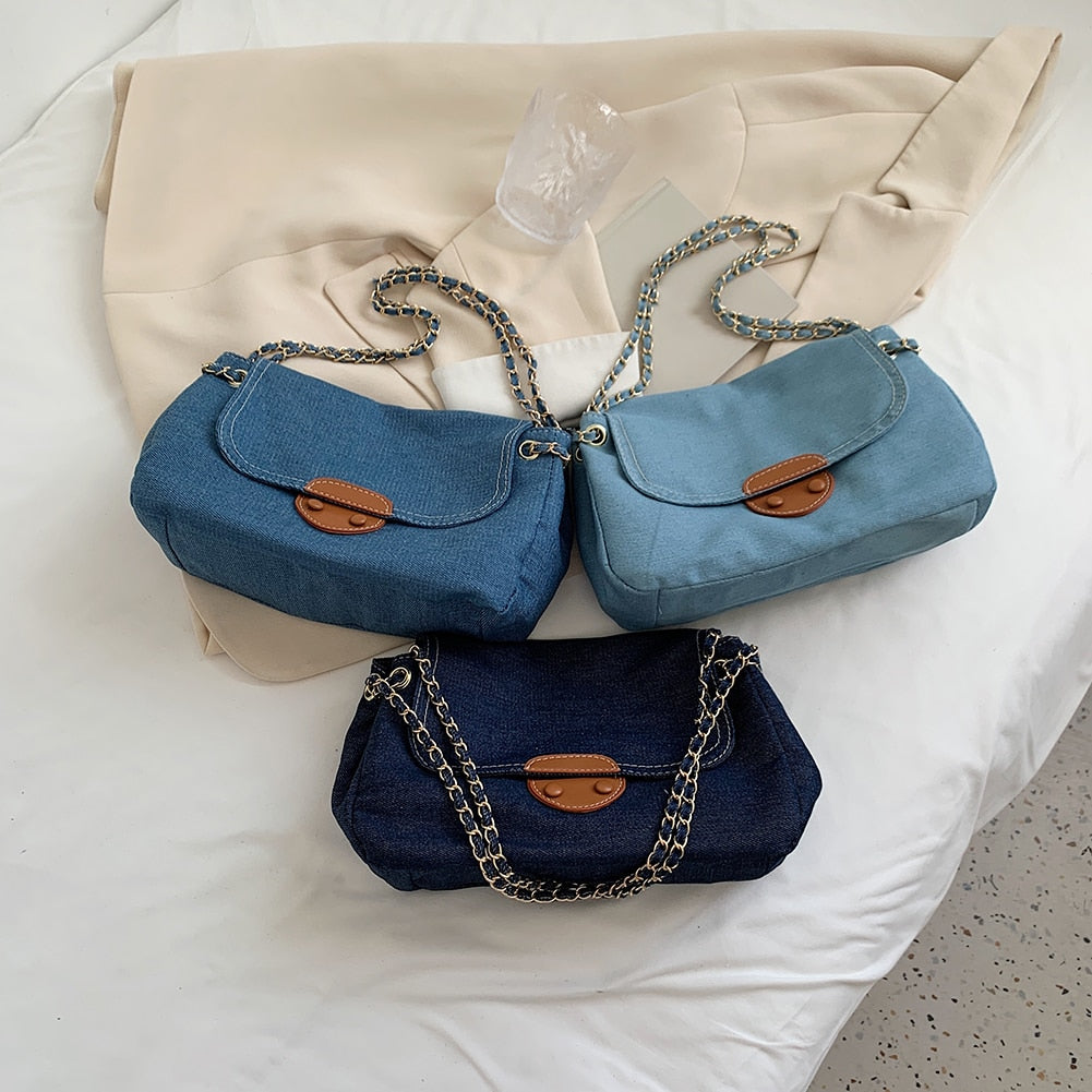 Elegant Flap Denim Women Messenger Bags Soft Single Strap Crossbody Bags Female Magnetic Buckle Pure Color Handbags