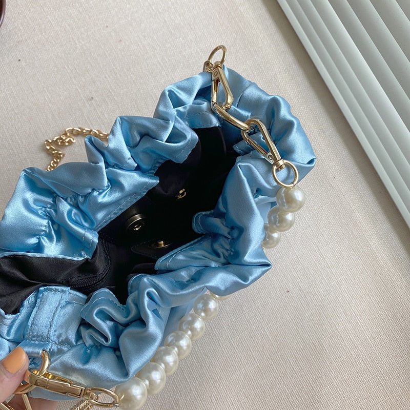 Women Fashion Luxury Design Pearl Handbags Clouds Clutch Purse Sky Blue Silk Satin Fashion Laptop Totes Shoulder Evening Bag A90