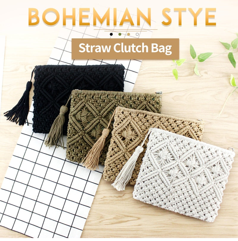 Women&#39;s Bohemian Style Straw Woven Day Clutches Bags Fashionable Simple Tassel Causal Handbag Vintage Beach Bag For Women Girl