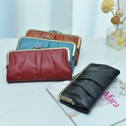 Genuine Leather Clutch Wallet Women&#39;s Purse Ladies Clutch Bag Credit Card Holder Wallet with Kiss Lock and Zipper Coin Pocket